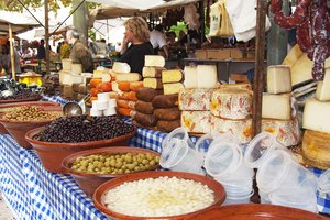 Olives and cheese are typical products of the region at the markets in the surrounding area.